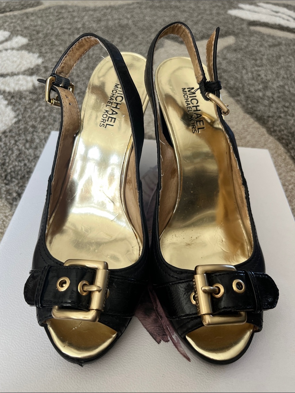 Michael Kors Black Leather Peep-Toe Slingback Heels with Gold Accents in back.